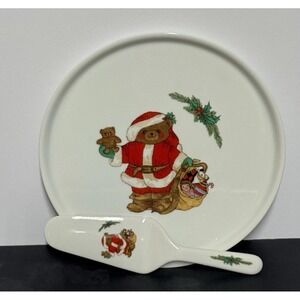 Mikasa Fine China Christmas Bear Cake Server Set L5370 Teddy Bear Santa‎ Japan